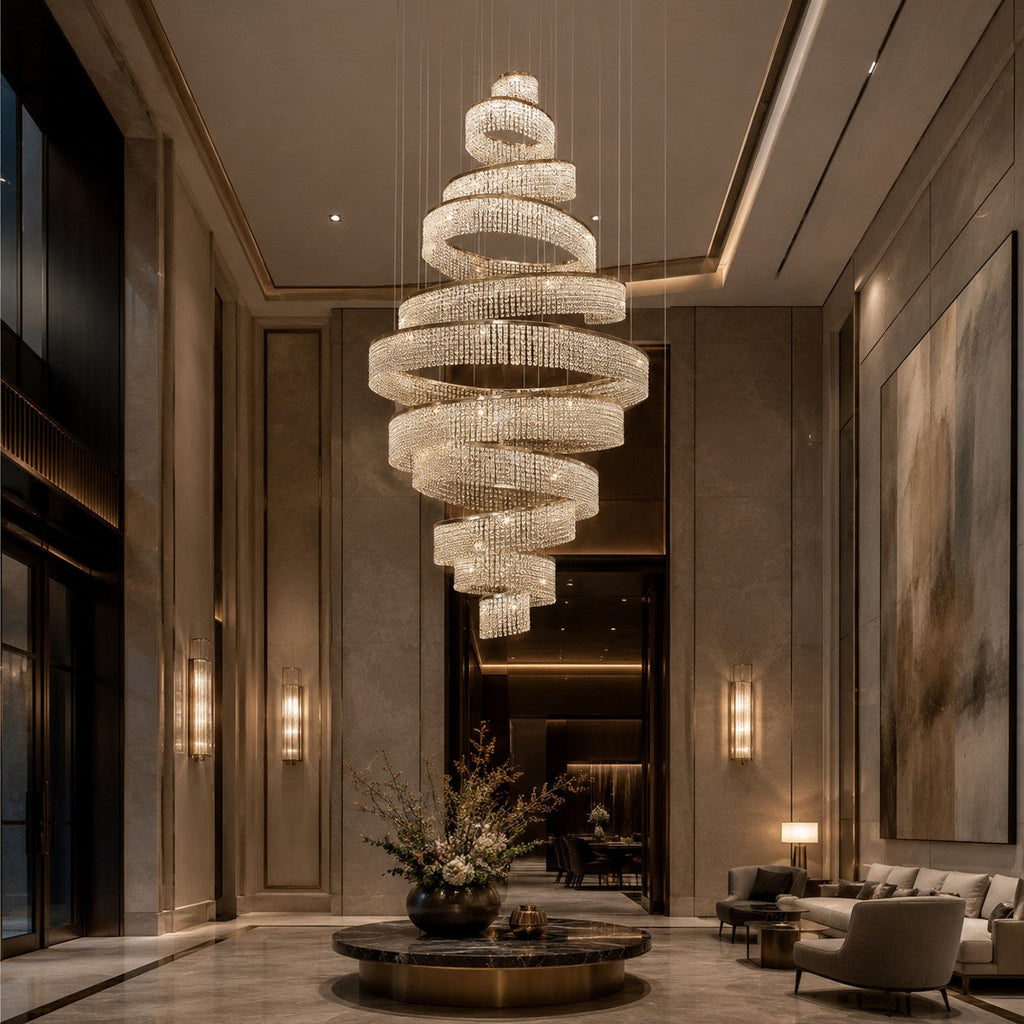 Lustre moderne en cristal à anneaux multiples, luminaire LED suspendu en acier inoxydable réglable | ribuella
