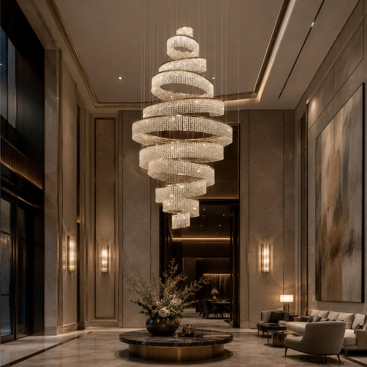 Lustre moderne en cristal à anneaux multiples, luminaire LED suspendu en acier inoxydable réglable | ribuella