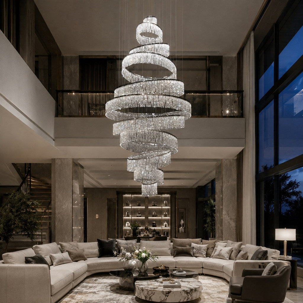 Lustre moderne en cristal à anneaux multiples, luminaire LED suspendu en acier inoxydable réglable | ribuella