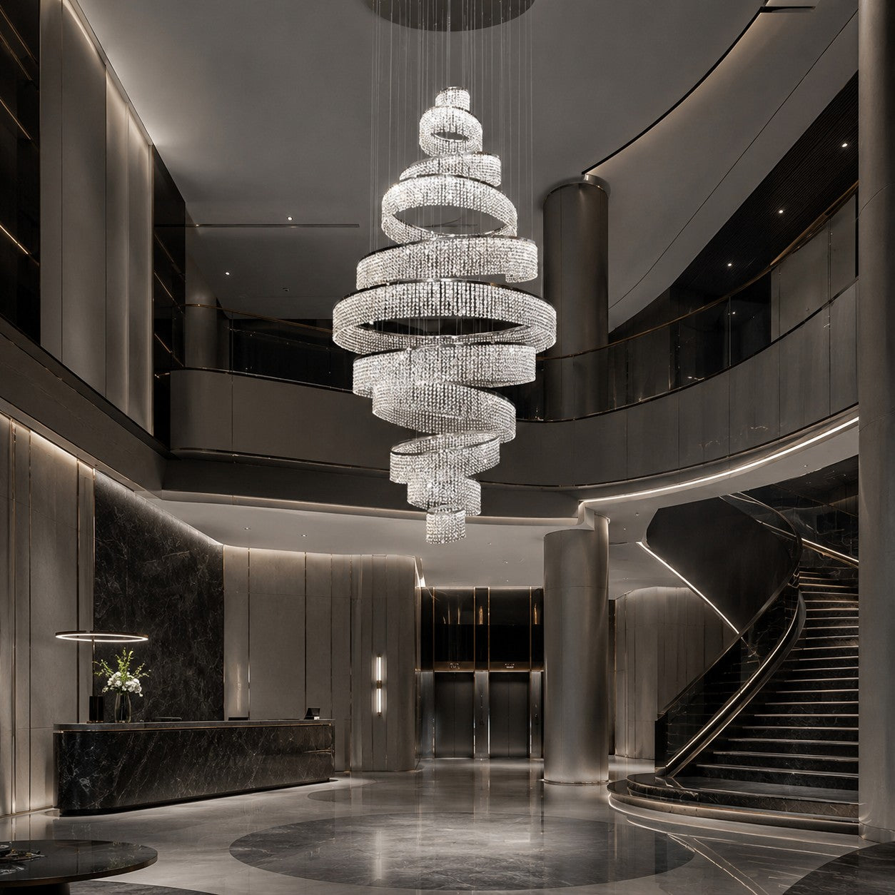 Lustre moderne en cristal à anneaux multiples, luminaire LED suspendu en acier inoxydable réglable | ribuella