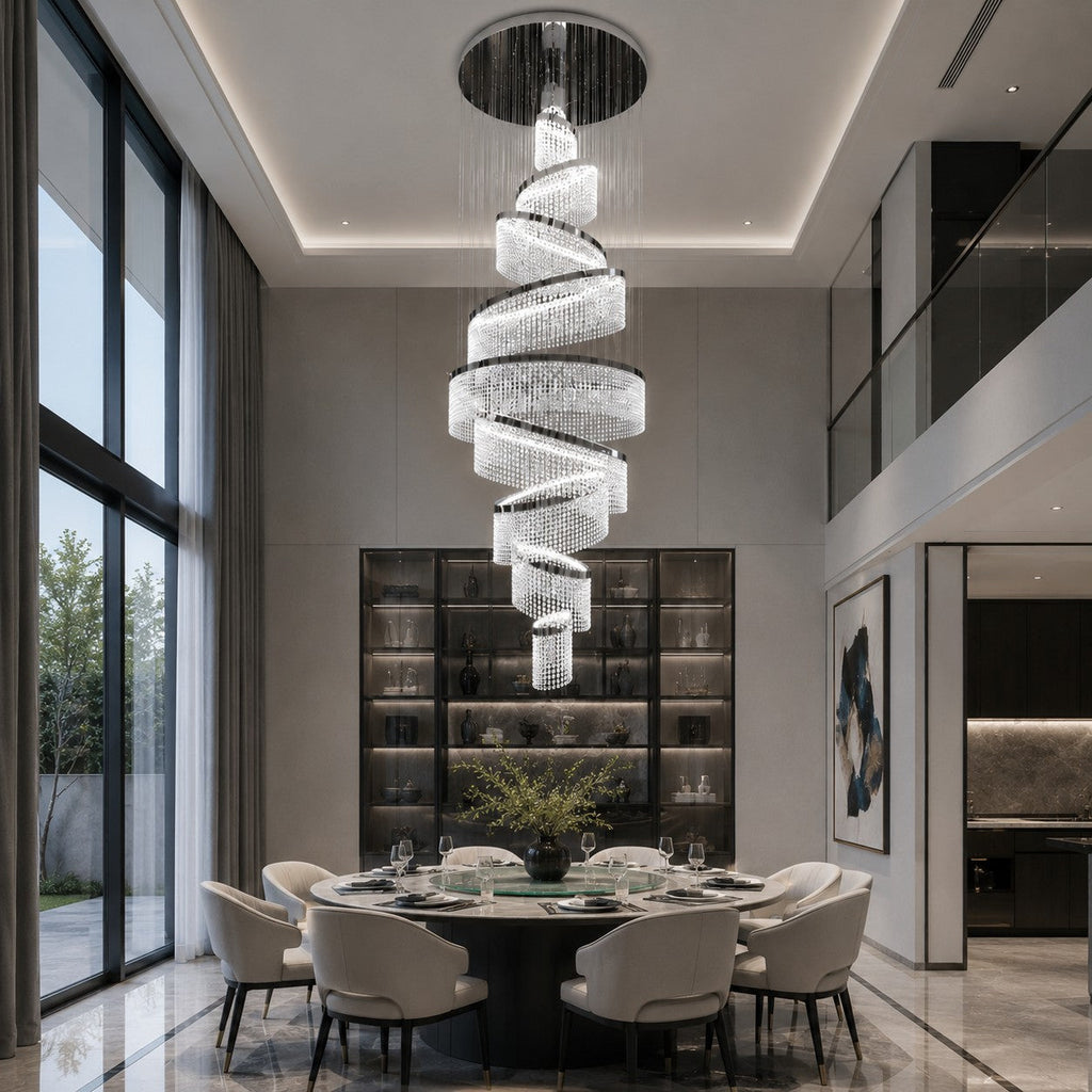 Lustre moderne en cristal à anneaux multiples, luminaire LED suspendu en acier inoxydable réglable | ribuella