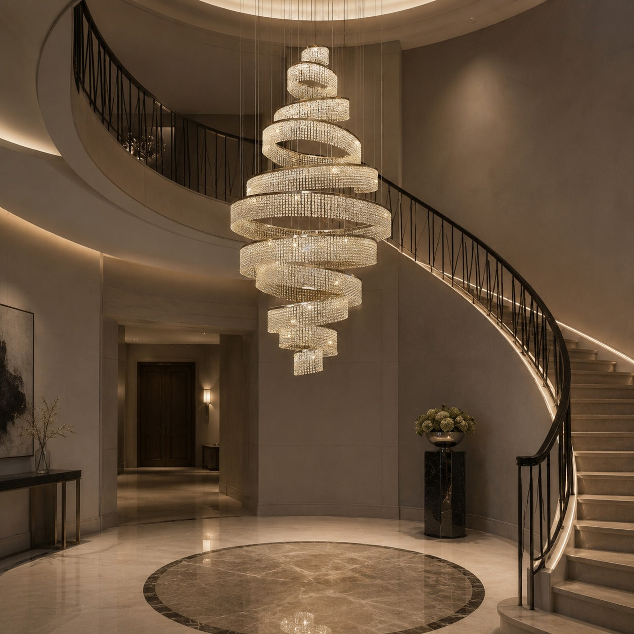 Lustre moderne en cristal à anneaux multiples, luminaire LED suspendu en acier inoxydable réglable | ribuella