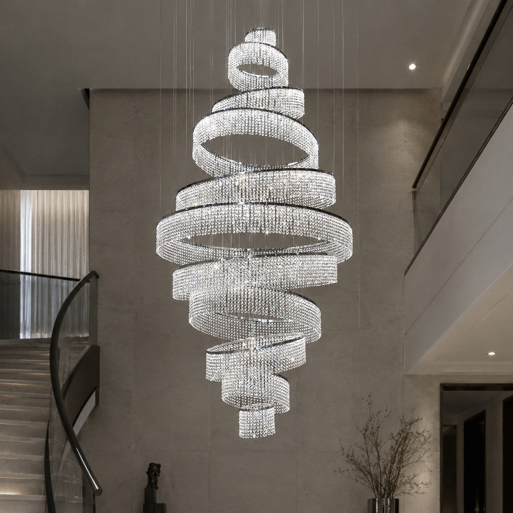 Lustre moderne en cristal à anneaux multiples, luminaire LED suspendu en acier inoxydable réglable | ribuella