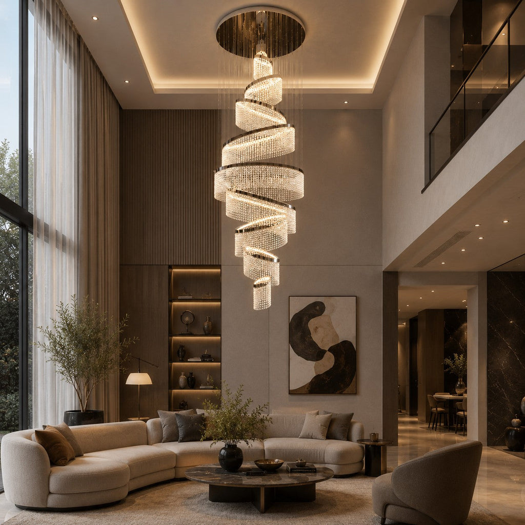 Lustre moderne en cristal à anneaux multiples, luminaire LED suspendu en acier inoxydable réglable | ribuella