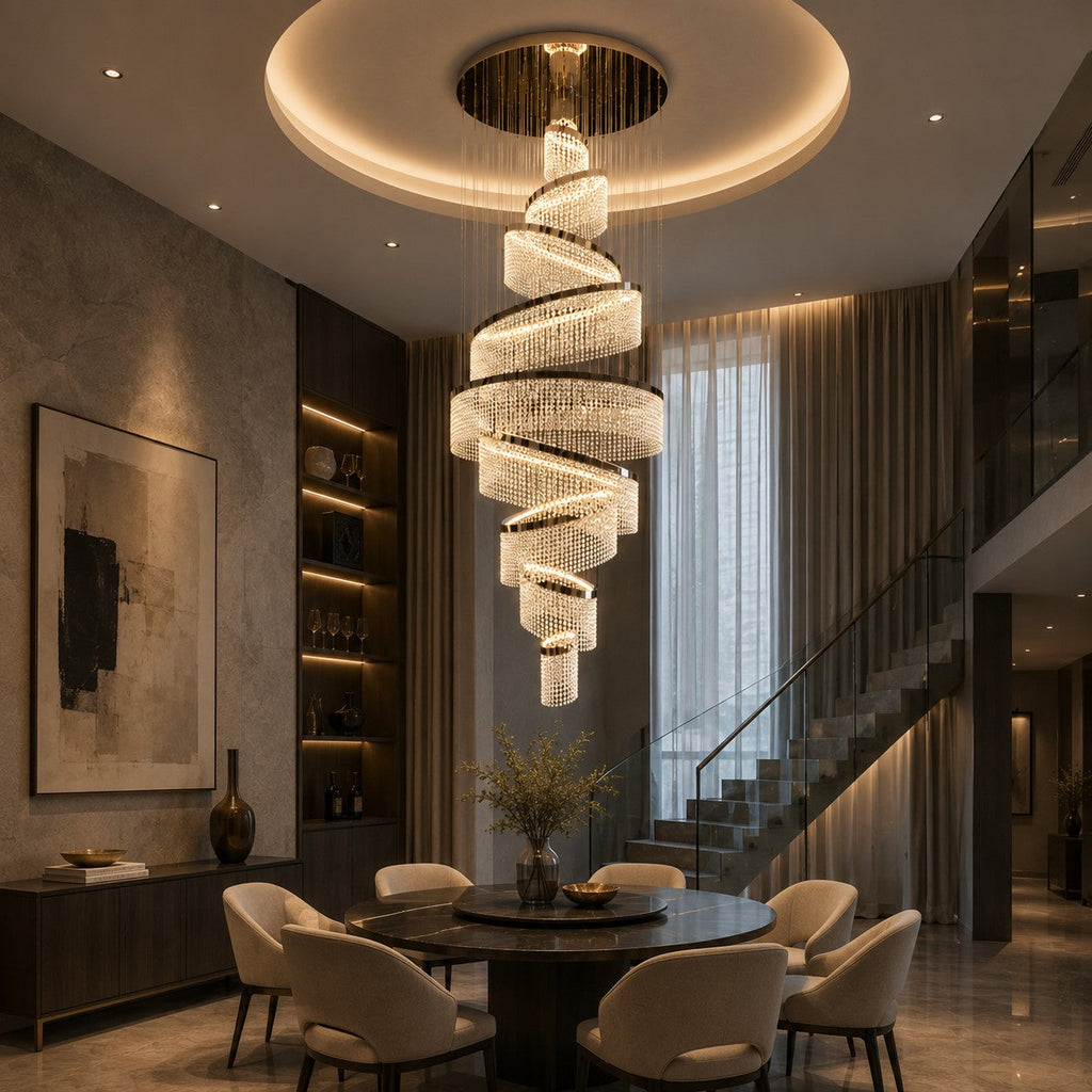 Lustre moderne en cristal à anneaux multiples, luminaire LED suspendu en acier inoxydable réglable | ribuella