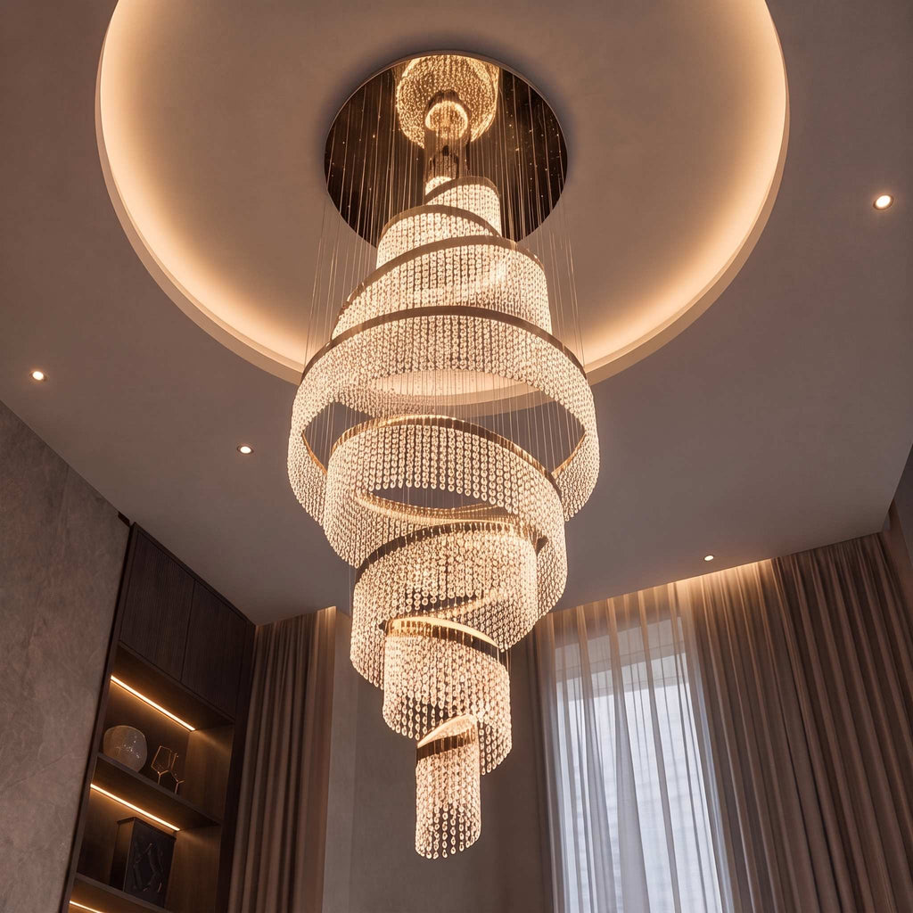 Lustre moderne en cristal à anneaux multiples, luminaire LED suspendu en acier inoxydable réglable | ribuella