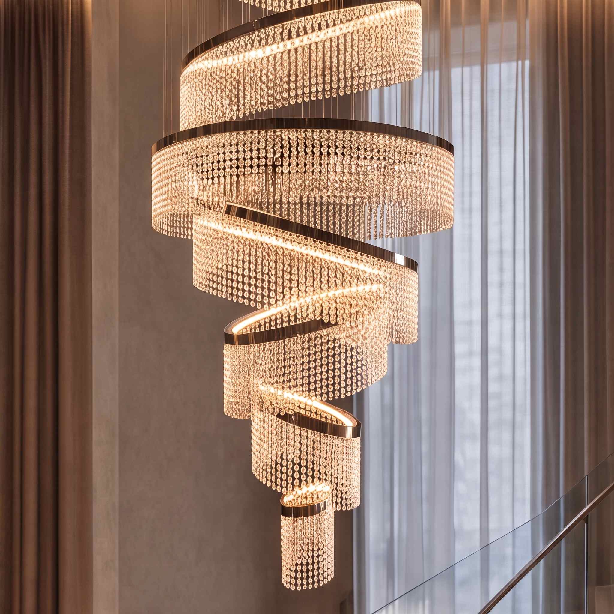 Lustre moderne en cristal à anneaux multiples, luminaire LED suspendu en acier inoxydable réglable | ribuella