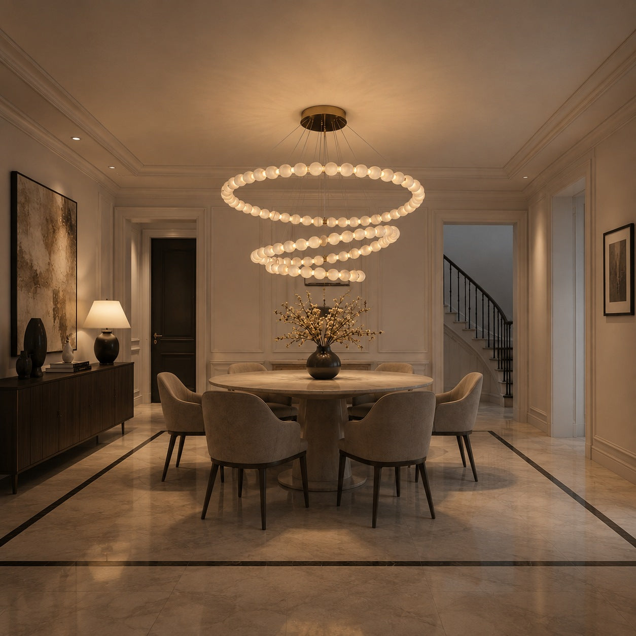 Moderní designový závěsný lustr s mramorovými svítidly, stmívatelnými nastavitelnými LED světly pro luxusní interiéry | ribuella