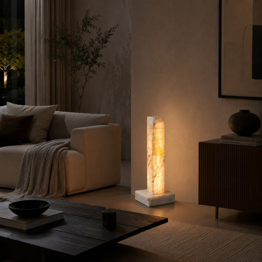 Modern Floor Lamp Adjustable Alabaster Body with Marble Base and Integrated LED Lighting | ribuella