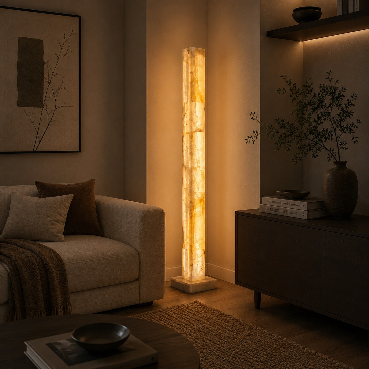 Modern Floor Lamp Adjustable Alabaster Body with Marble Base and Integrated LED Lighting | ribuella