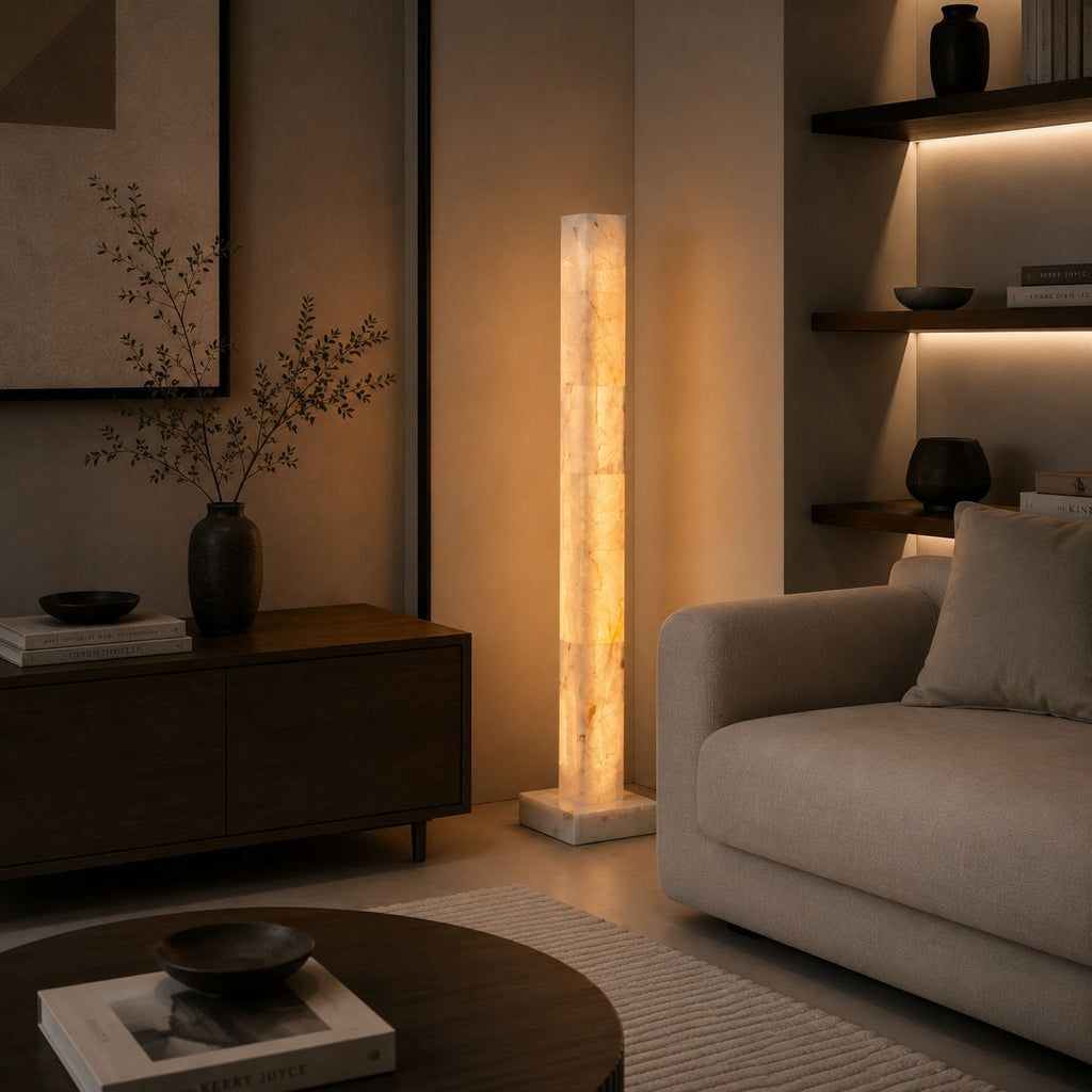 Modern Floor Lamp Adjustable Alabaster Body with Marble Base and Integrated LED Lighting | ribuella