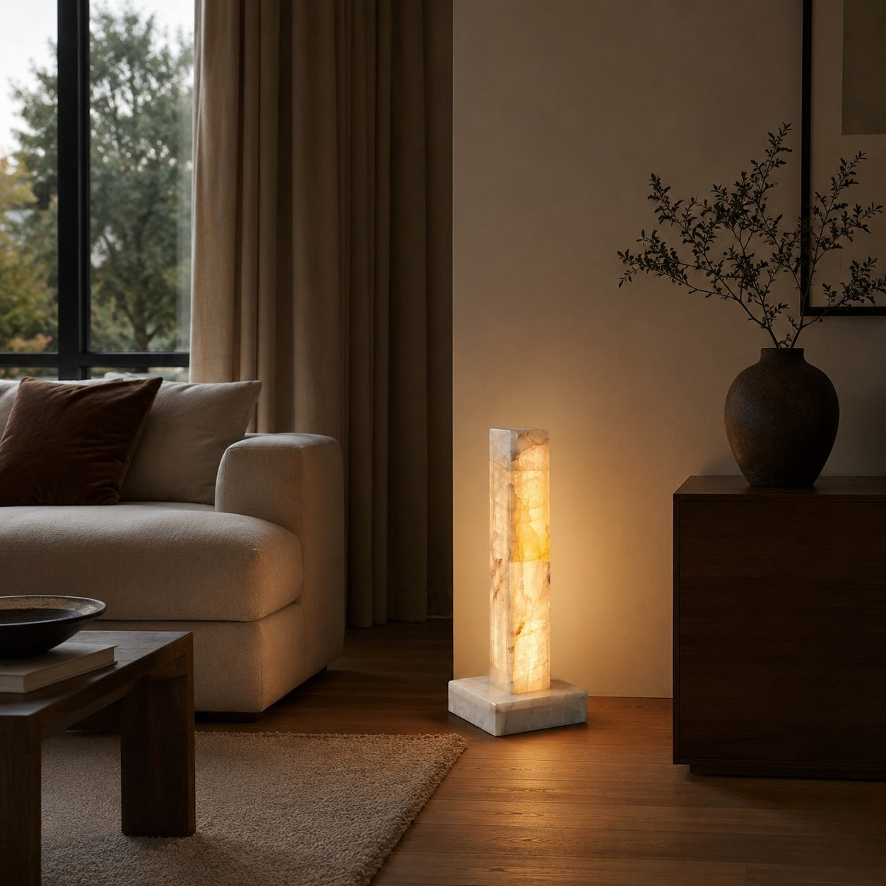 Modern Floor Lamp Adjustable Alabaster Body with Marble Base and Integrated LED Lighting | ribuella