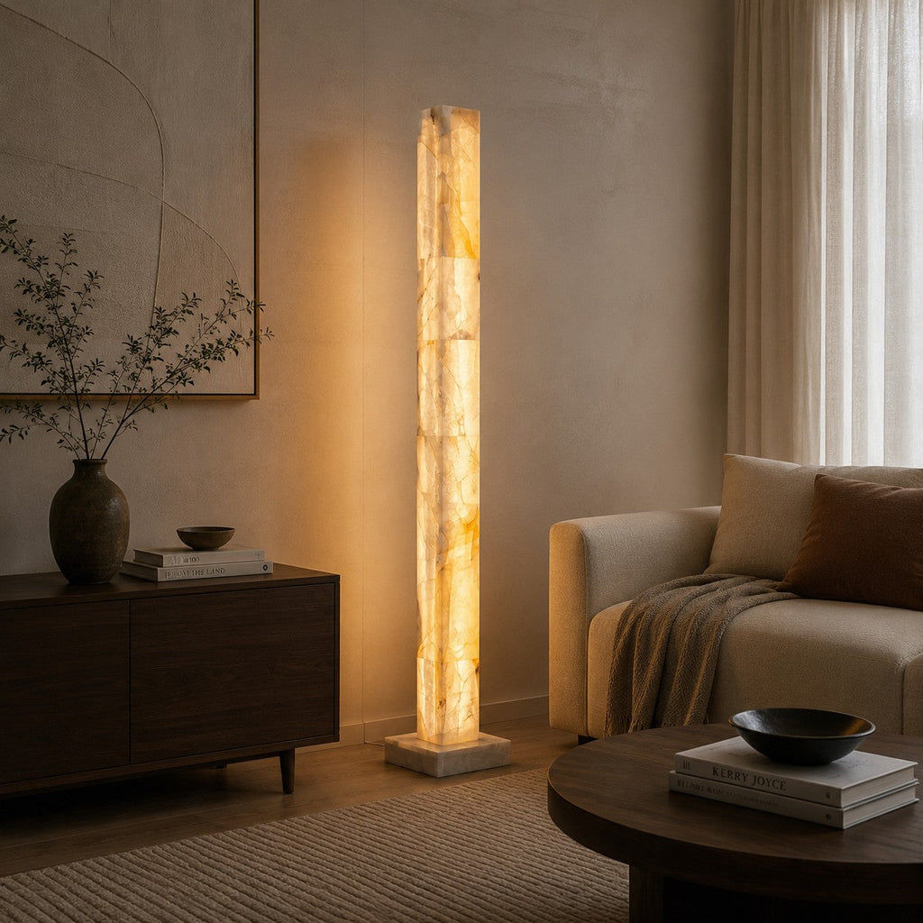 Modern Floor Lamp Adjustable Alabaster Body with Marble Base and Integrated LED Lighting | ribuella
