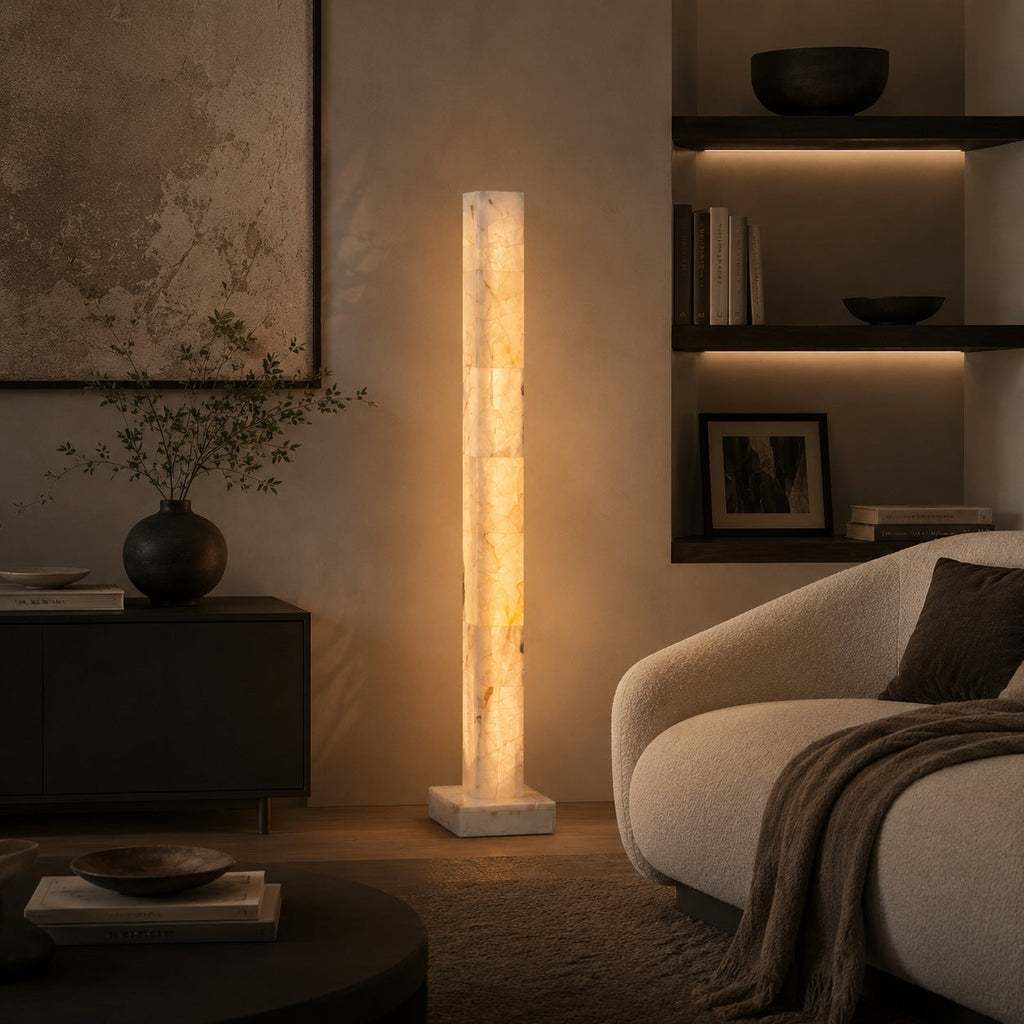 Modern Floor Lamp Adjustable Alabaster Body with Marble Base and Integrated LED Lighting | ribuella
