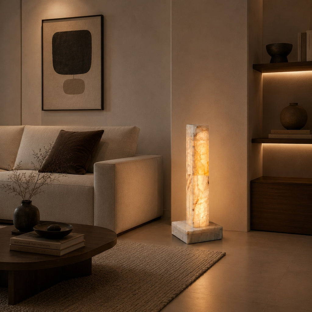 Modern Floor Lamp Adjustable Alabaster Body with Marble Base and Integrated LED Lighting | ribuella