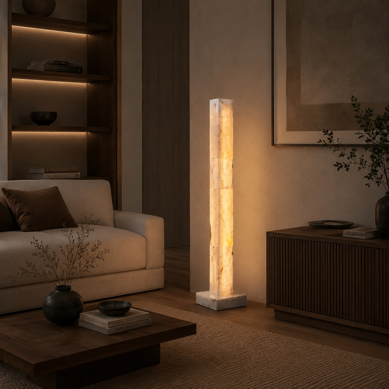 Modern Floor Lamp Adjustable Alabaster Body with Marble Base and Integrated LED Lighting | ribuella