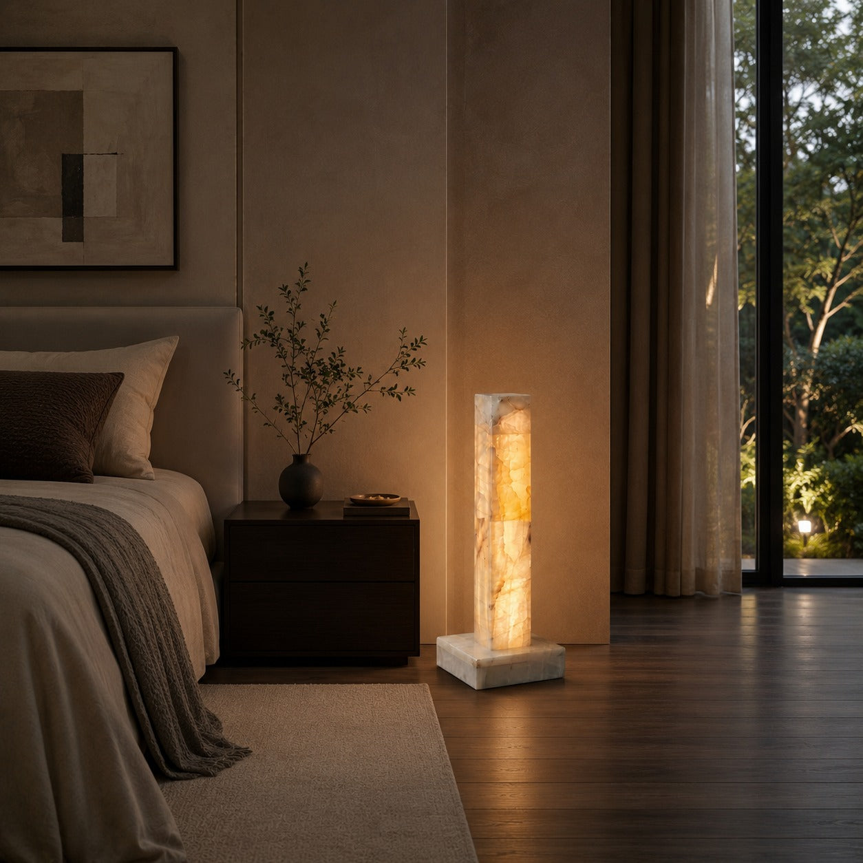Modern Floor Lamp Adjustable Alabaster Body with Marble Base and Integrated LED Lighting | ribuella