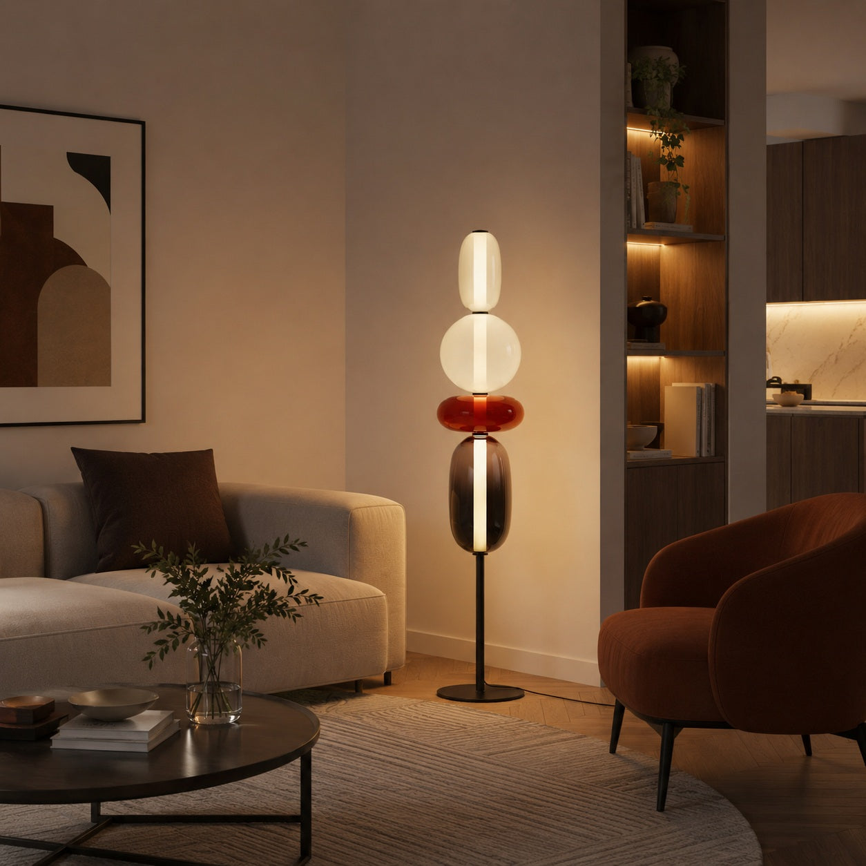 Moderní stojací lampa s nastavitelnou výškou, skleněným LED osvětlením a designem vrstvených oblázků | ribuella
