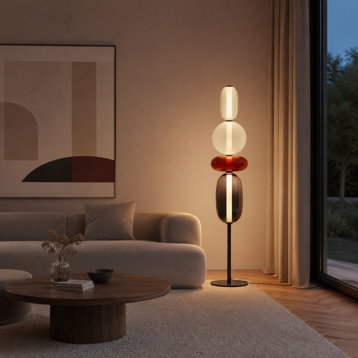 Moderní stojací lampa s nastavitelnou výškou, skleněným LED osvětlením a designem vrstvených oblázků | ribuella