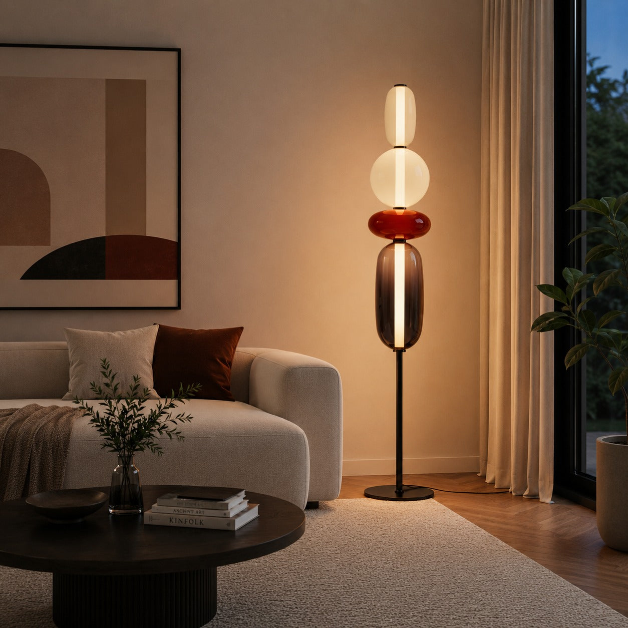 Moderní stojací lampa s nastavitelnou výškou, skleněným LED osvětlením a designem vrstvených oblázků | ribuella