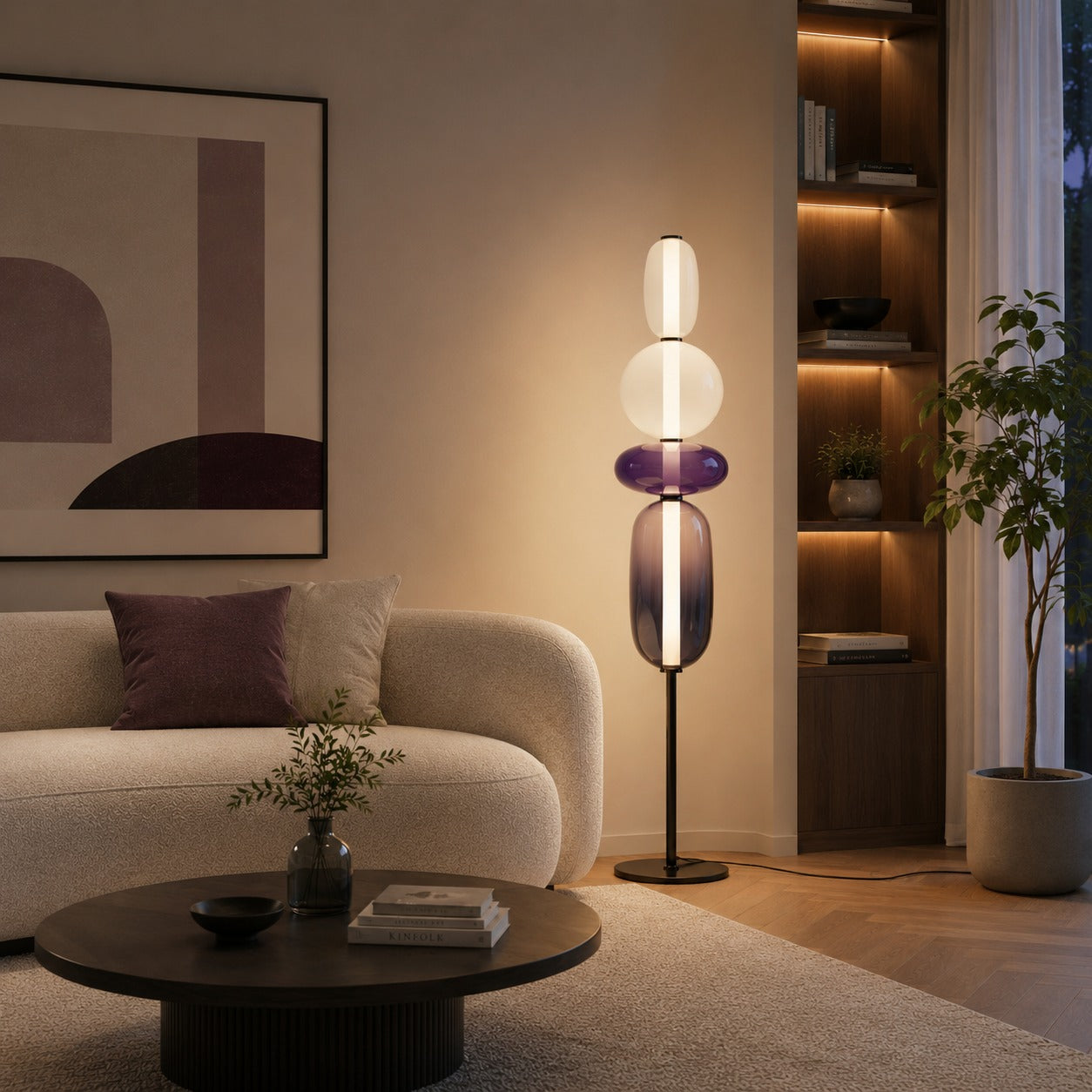 Moderní stojací lampa s nastavitelnou výškou, skleněným LED osvětlením a designem vrstvených oblázků | ribuella