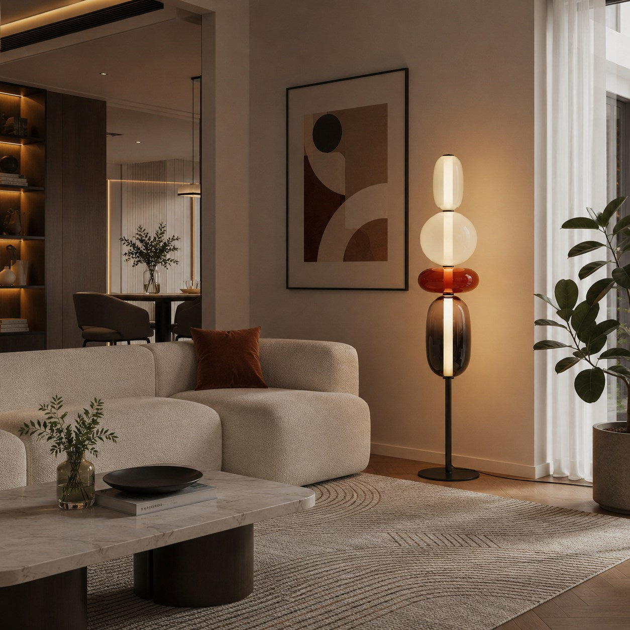 Moderní stojací lampa s nastavitelnou výškou, skleněným LED osvětlením a designem vrstvených oblázků | ribuella