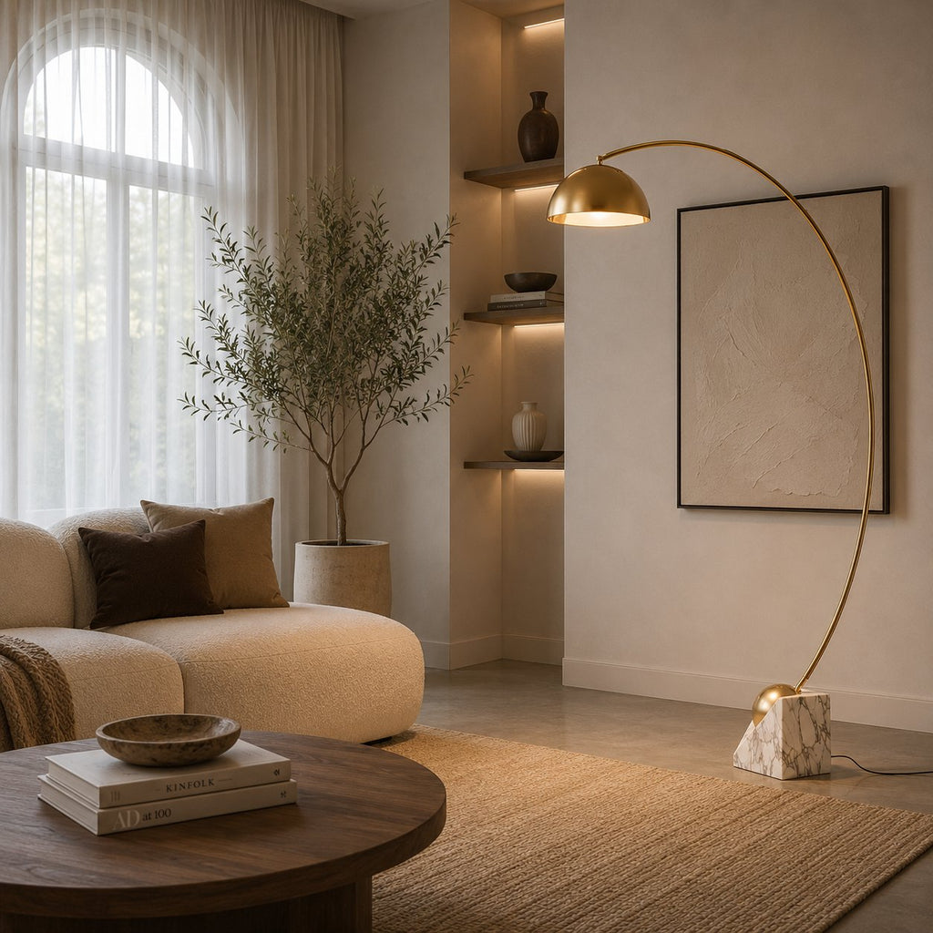 Moderne Stehleuchte mit verstellbarer Höhe, goldfarbenem Marmorsockel und LED-Beleuchtung, 60-72 Inch | ribuella