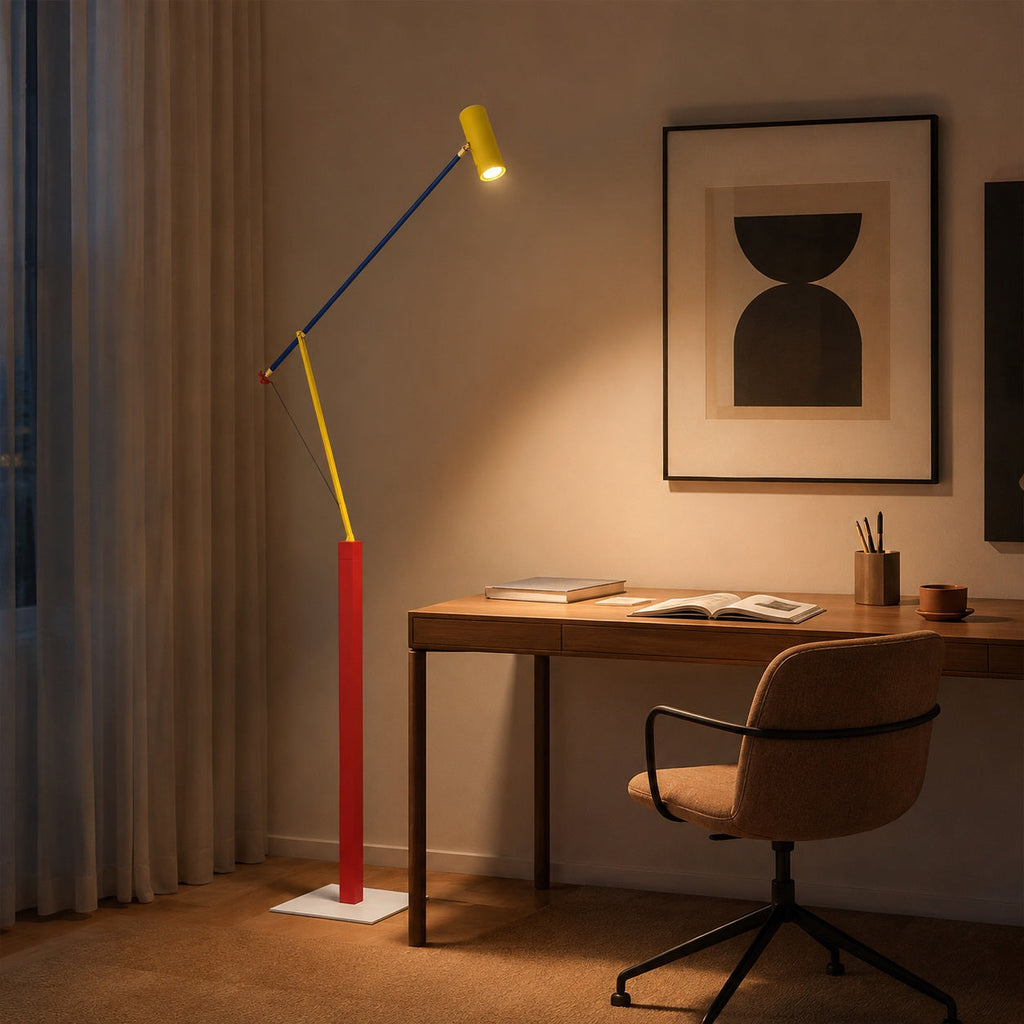 Moderne Stehleuchte mit verstellbarer Höhe, Eisengestell, Aluminiumschirm und warmweißer LED-Beleuchtung | ribuella