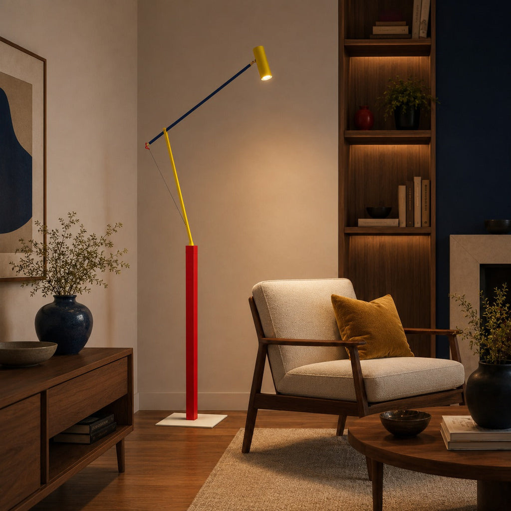 Moderne Stehleuchte mit verstellbarer Höhe, Eisengestell, Aluminiumschirm und warmweißer LED-Beleuchtung | ribuella