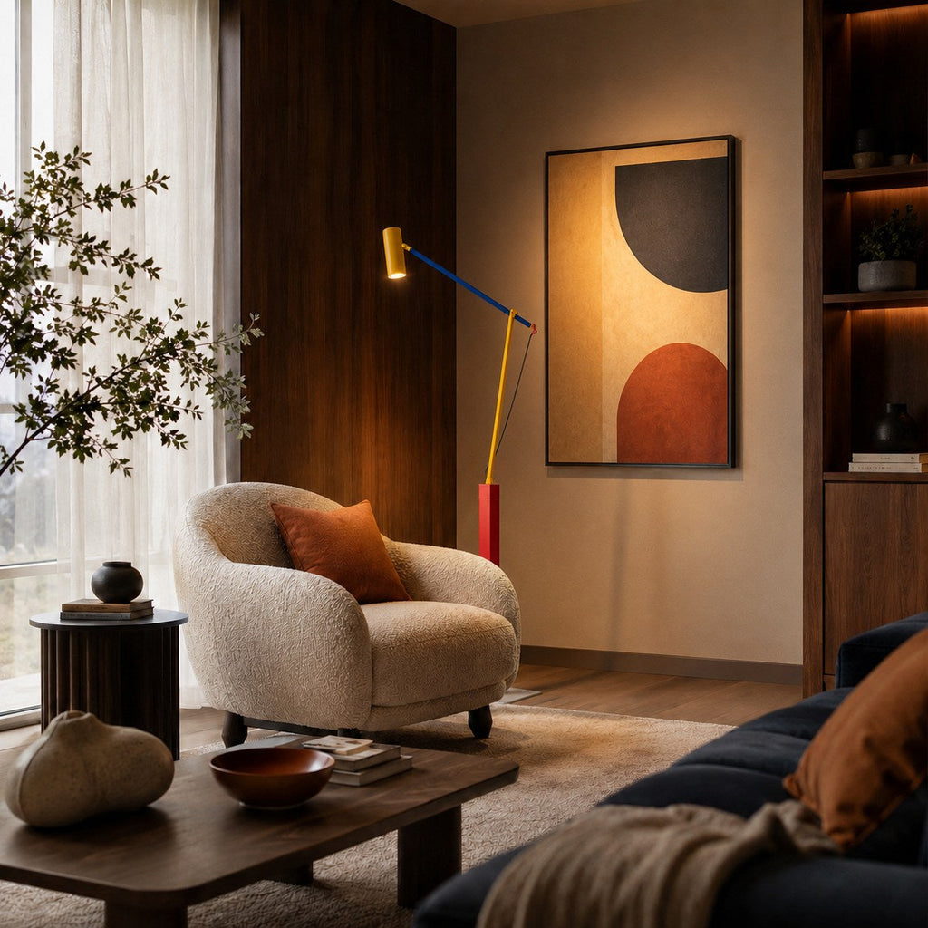 Moderne Stehleuchte mit verstellbarer Höhe, Eisengestell, Aluminiumschirm und warmweißer LED-Beleuchtung | ribuella