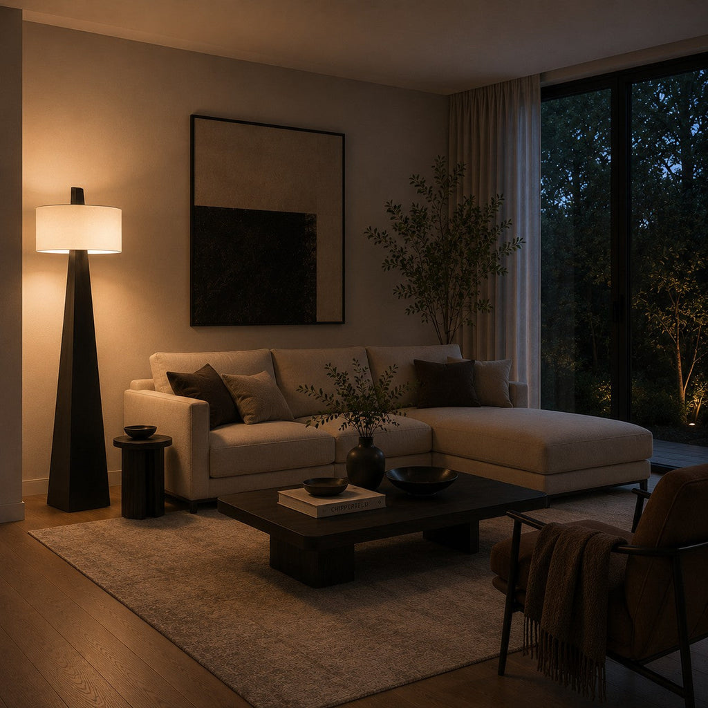 Moderní stojací lampa s nastavitelnou výškou, železnou konstrukcí, látkovým stínidlem a asymetrickým designem do obývacího pokoje | ribuella