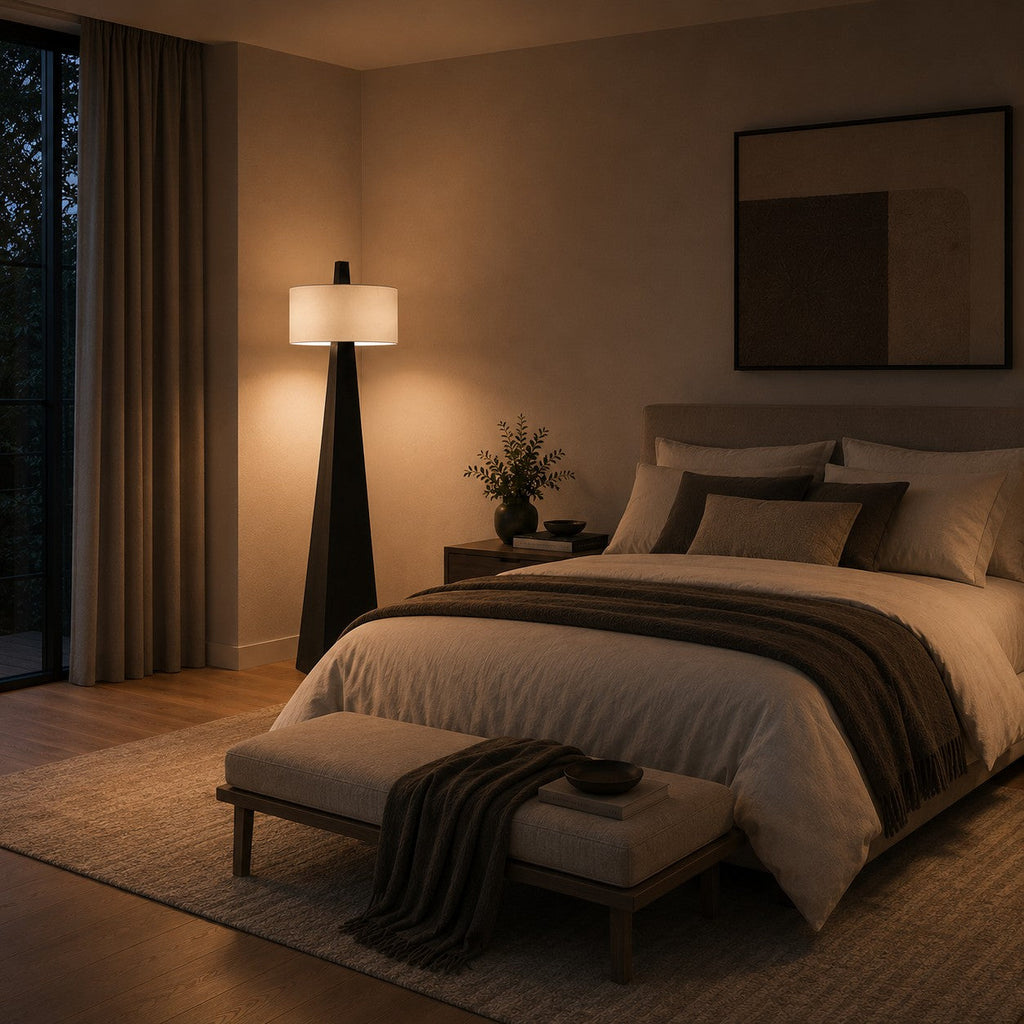 Moderní stojací lampa s nastavitelnou výškou, železnou konstrukcí, látkovým stínidlem a asymetrickým designem do obývacího pokoje | ribuella