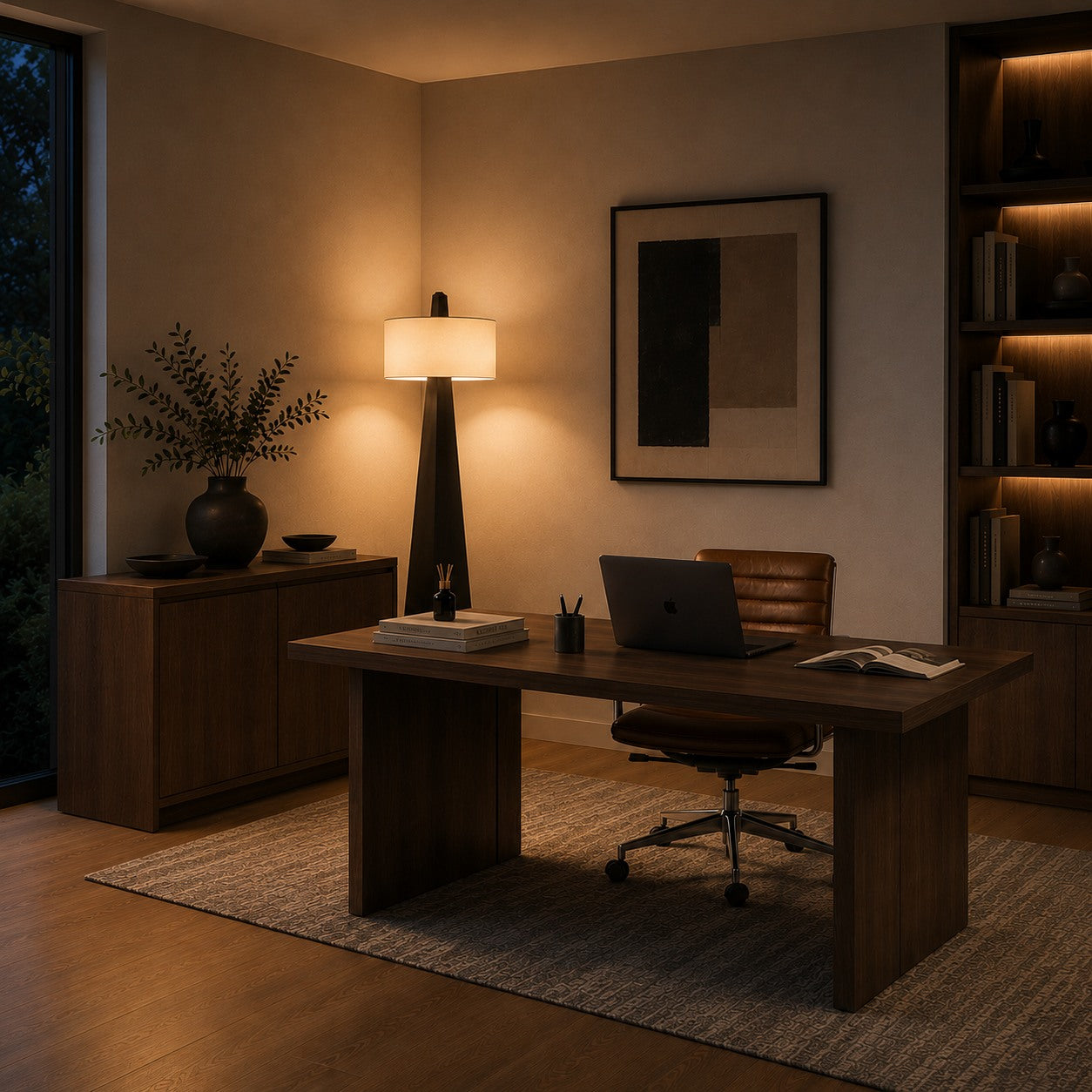 Moderní stojací lampa s nastavitelnou výškou, železnou konstrukcí, látkovým stínidlem a asymetrickým designem do obývacího pokoje | ribuella