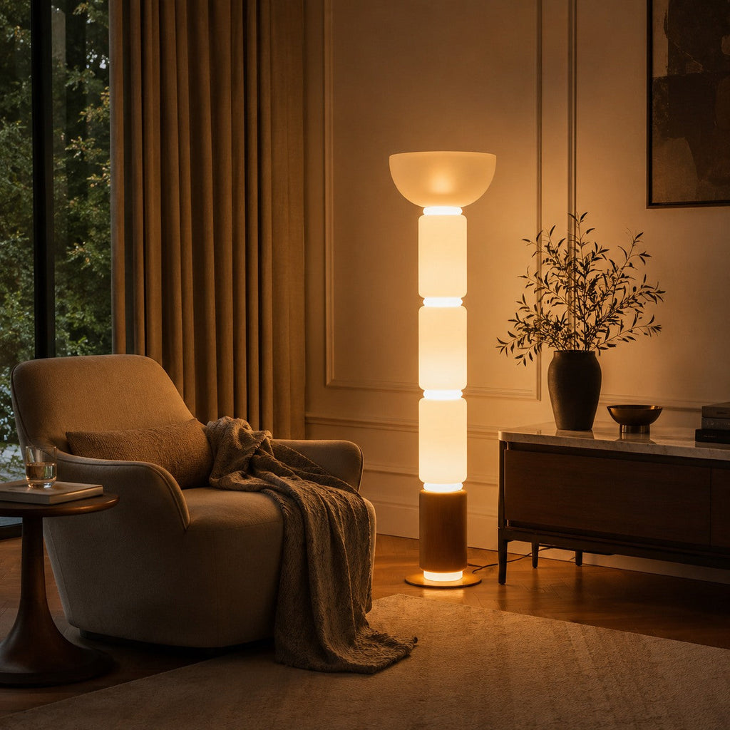 Modern Floor Lamp Adjustable Height Wrought Iron Base Glass Shade LED Lighting | ribuella