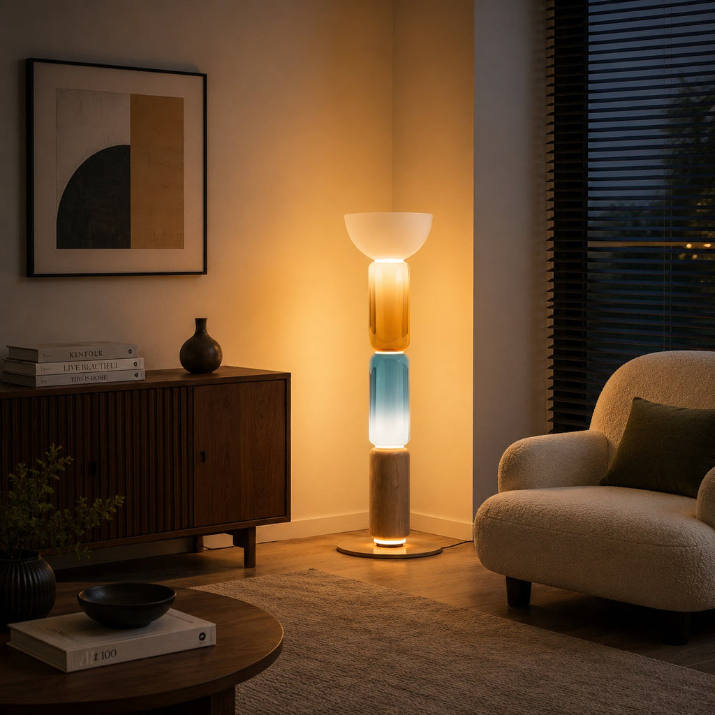 Modern Floor Lamp Adjustable Height Wrought Iron Base Glass Shade LED Lighting | ribuella