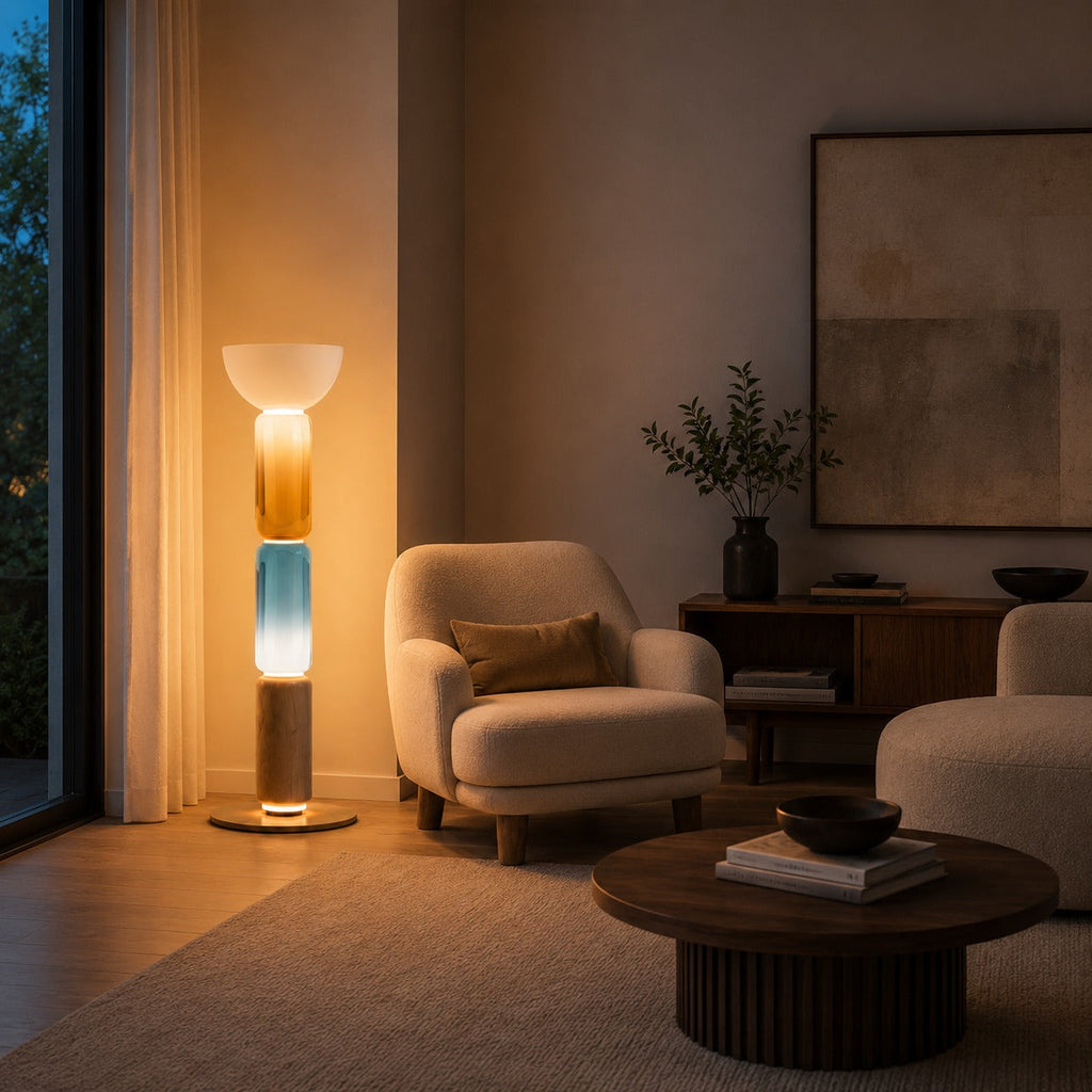 Modern Floor Lamp Adjustable Height Wrought Iron Base Glass Shade LED Lighting | ribuella
