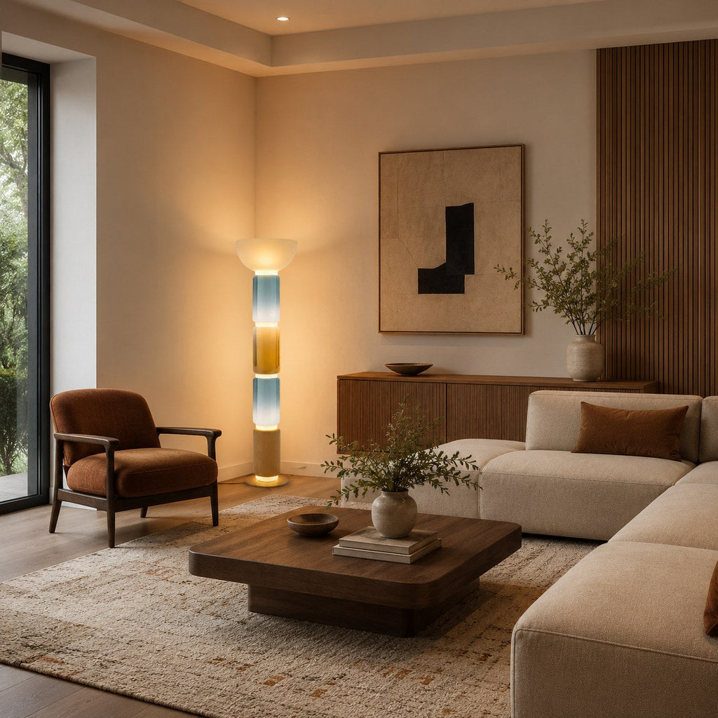 Modern Floor Lamp Adjustable Height Wrought Iron Base Glass Shade LED Lighting | ribuella
