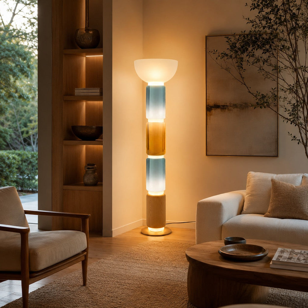 Modern Floor Lamp Adjustable Height Wrought Iron Base Glass Shade LED Lighting | ribuella