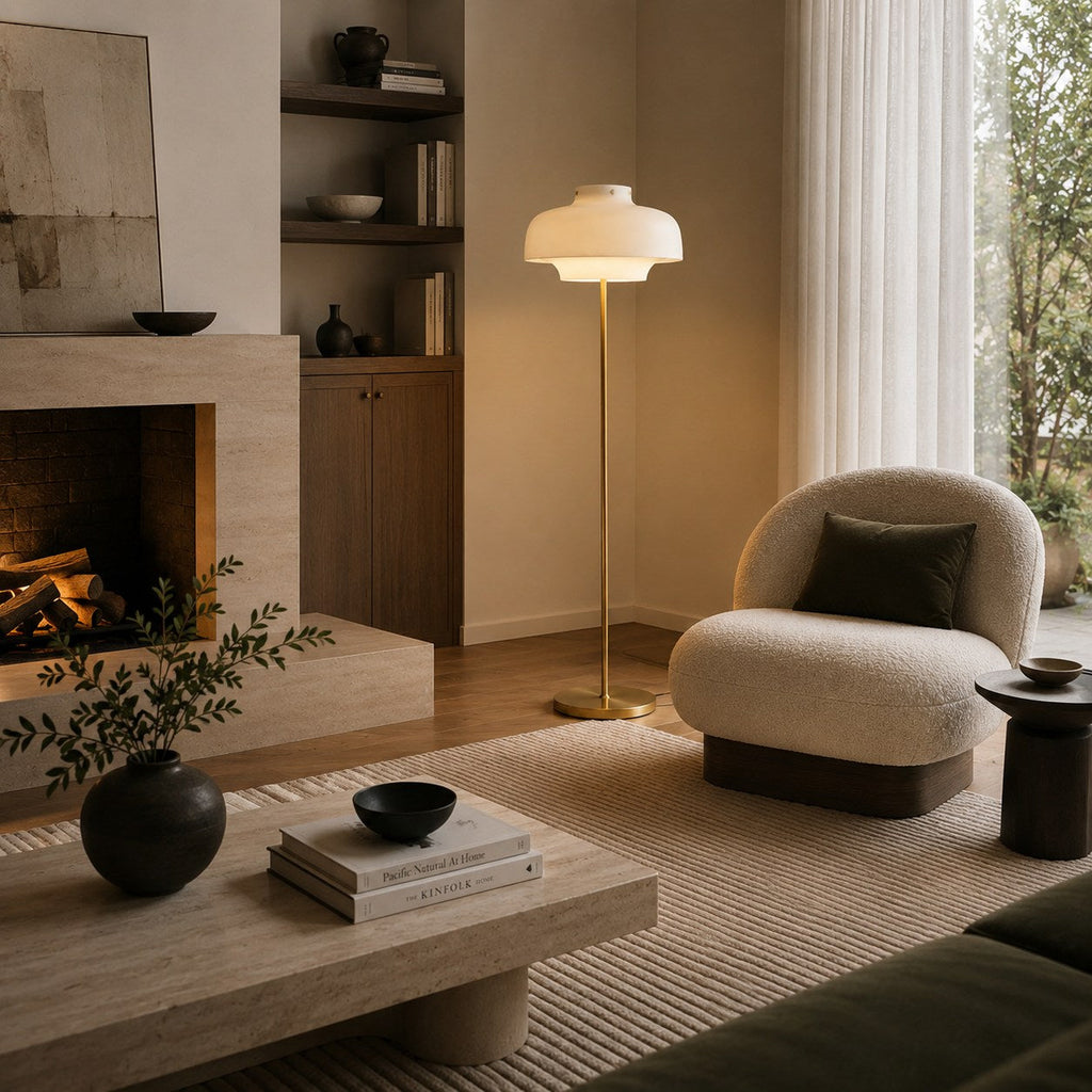 Modern Floor Lamp with Opaline Glass Shade and Gold Metal Base LED Adjustable Height 150cm | ribuella