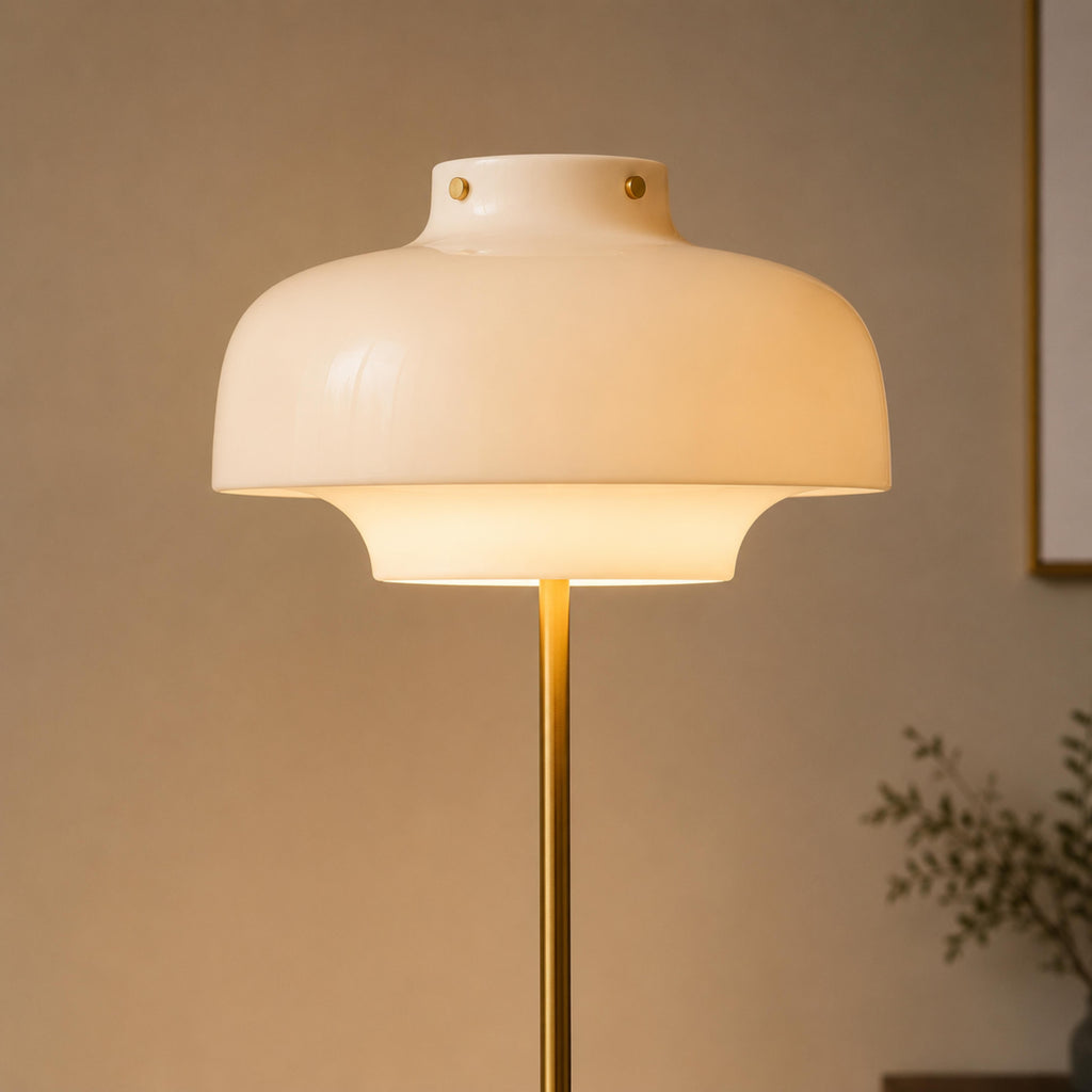 Modern Floor Lamp with Opaline Glass Shade and Gold Metal Base LED Adjustable Height 150cm | ribuella