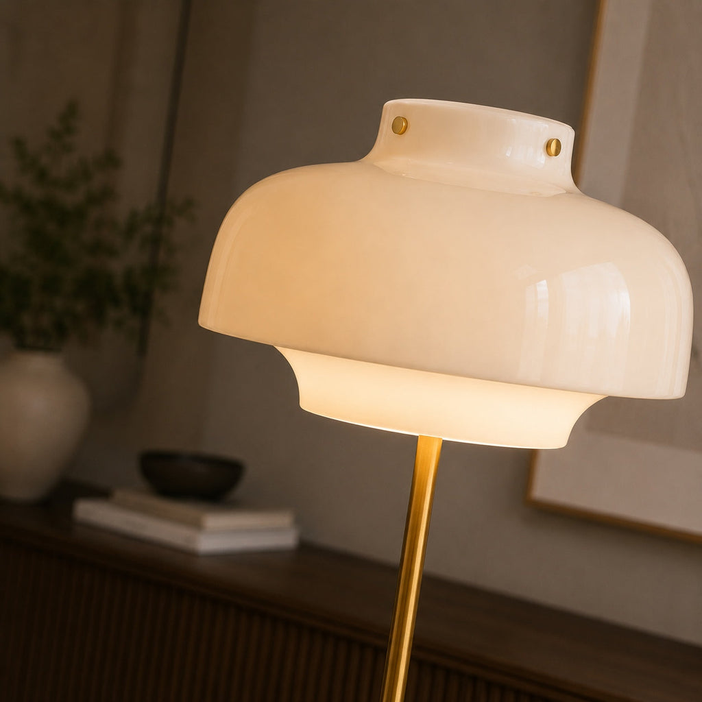 Modern Floor Lamp with Opaline Glass Shade and Gold Metal Base LED Adjustable Height 150cm | ribuella