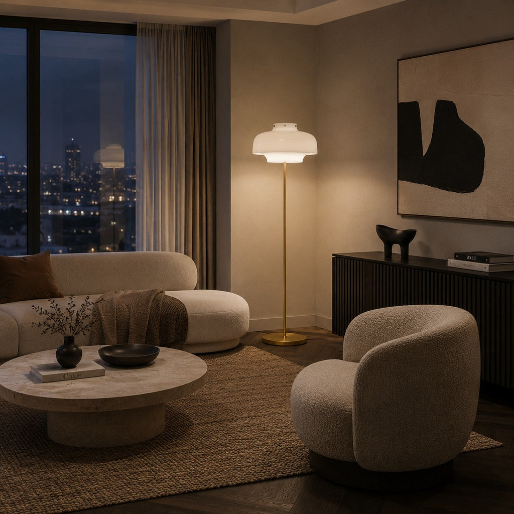 Modern Floor Lamp with Opaline Glass Shade and Gold Metal Base LED Adjustable Height 150cm | ribuella