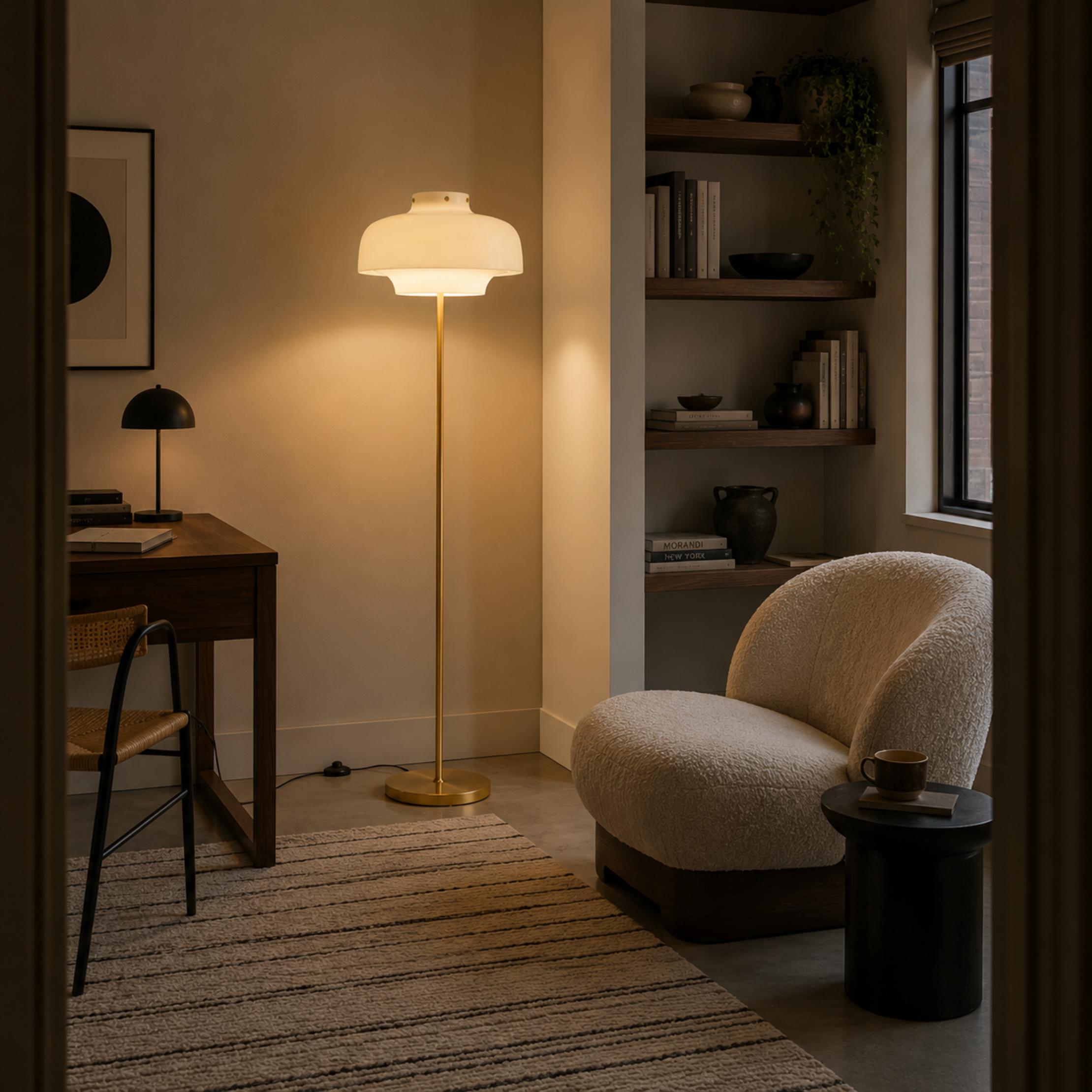 Modern Floor Lamp with Opaline Glass Shade and Gold Metal Base LED Adjustable Height 150cm | ribuella
