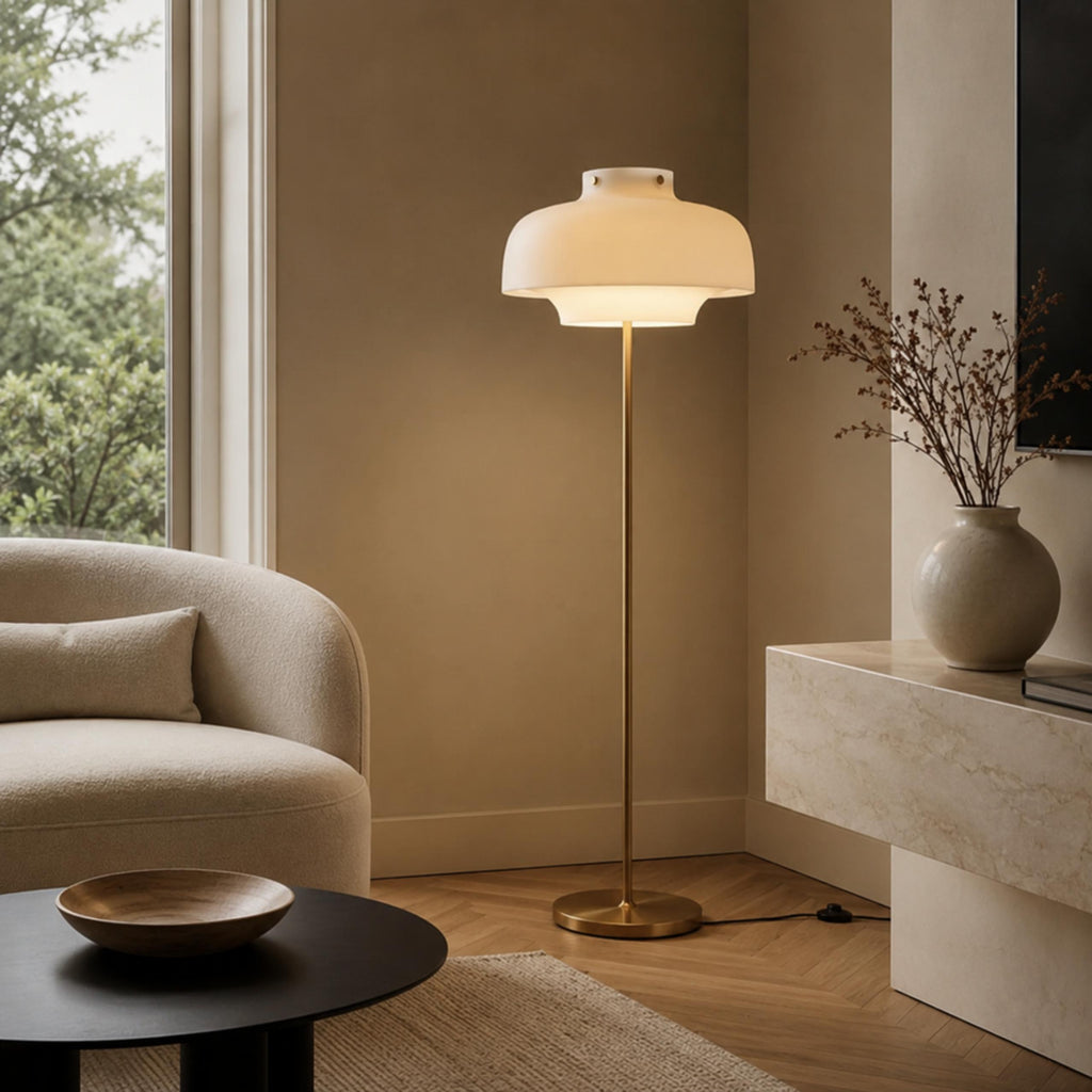 Modern Floor Lamp with Opaline Glass Shade and Gold Metal Base LED Adjustable Height 150cm | ribuella