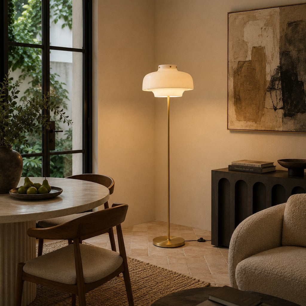 Modern Floor Lamp with Opaline Glass Shade and Gold Metal Base LED Adjustable Height 150cm | ribuella