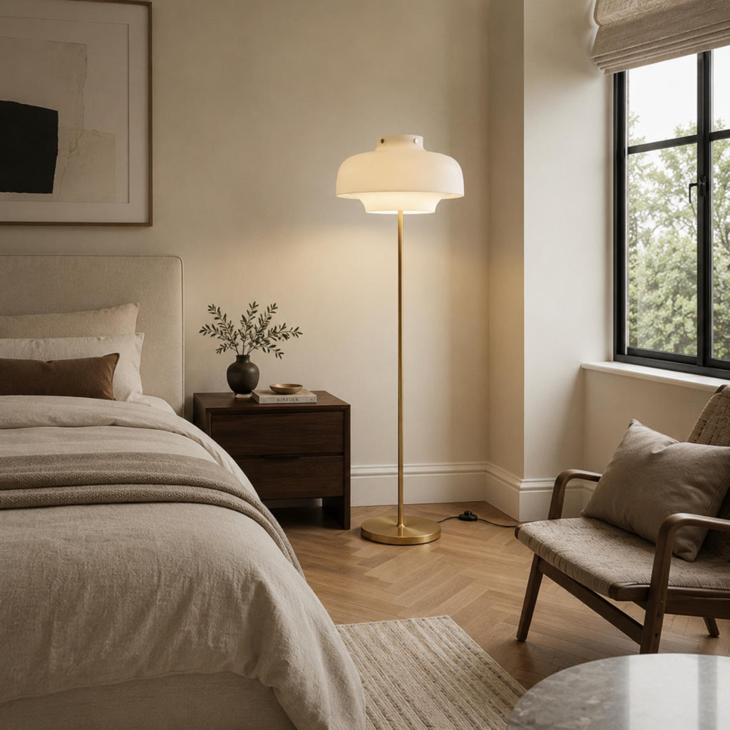 Modern Floor Lamp with Opaline Glass Shade and Gold Metal Base LED Adjustable Height 150cm | ribuella