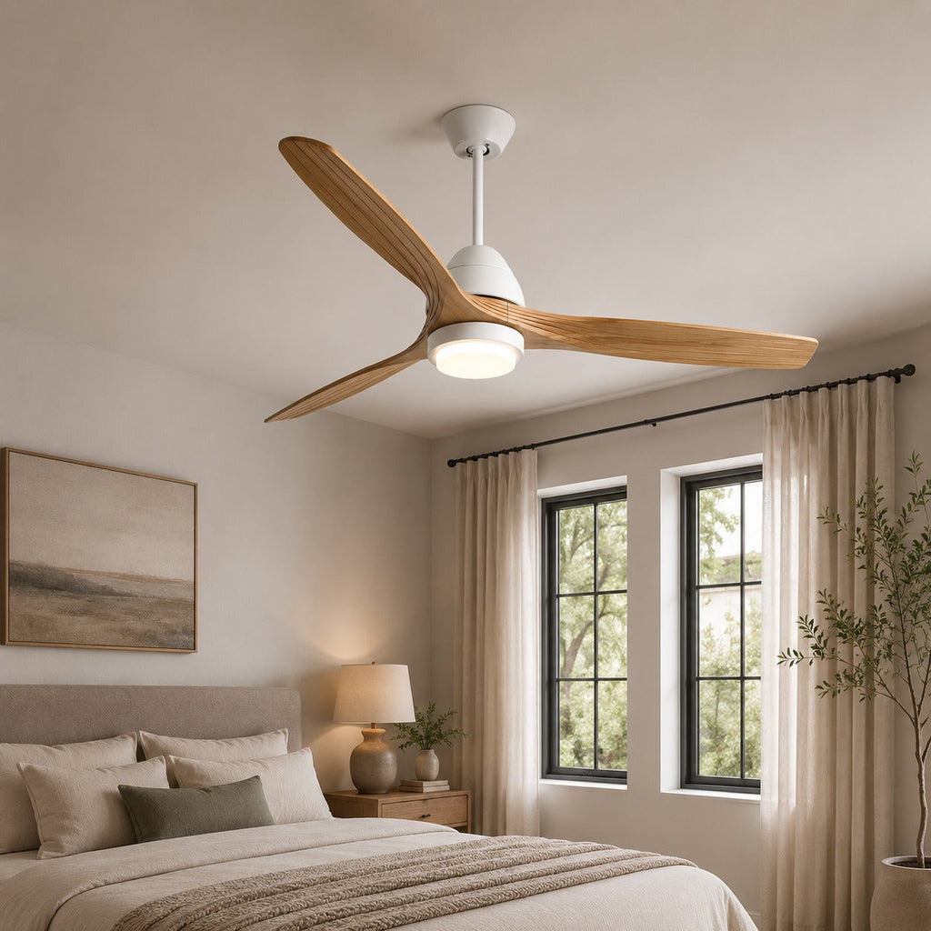 Modern Flush Mount Ceiling Fan with Lights Black Wood Blades LED Dimmable Remote Control 52 Inch | ribuella