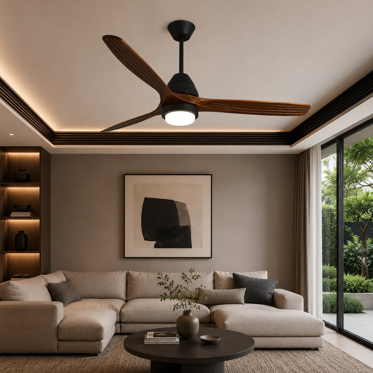 Modern Flush Mount Ceiling Fan with Lights Black Wood Blades LED Dimmable Remote Control 52 Inch | ribuella