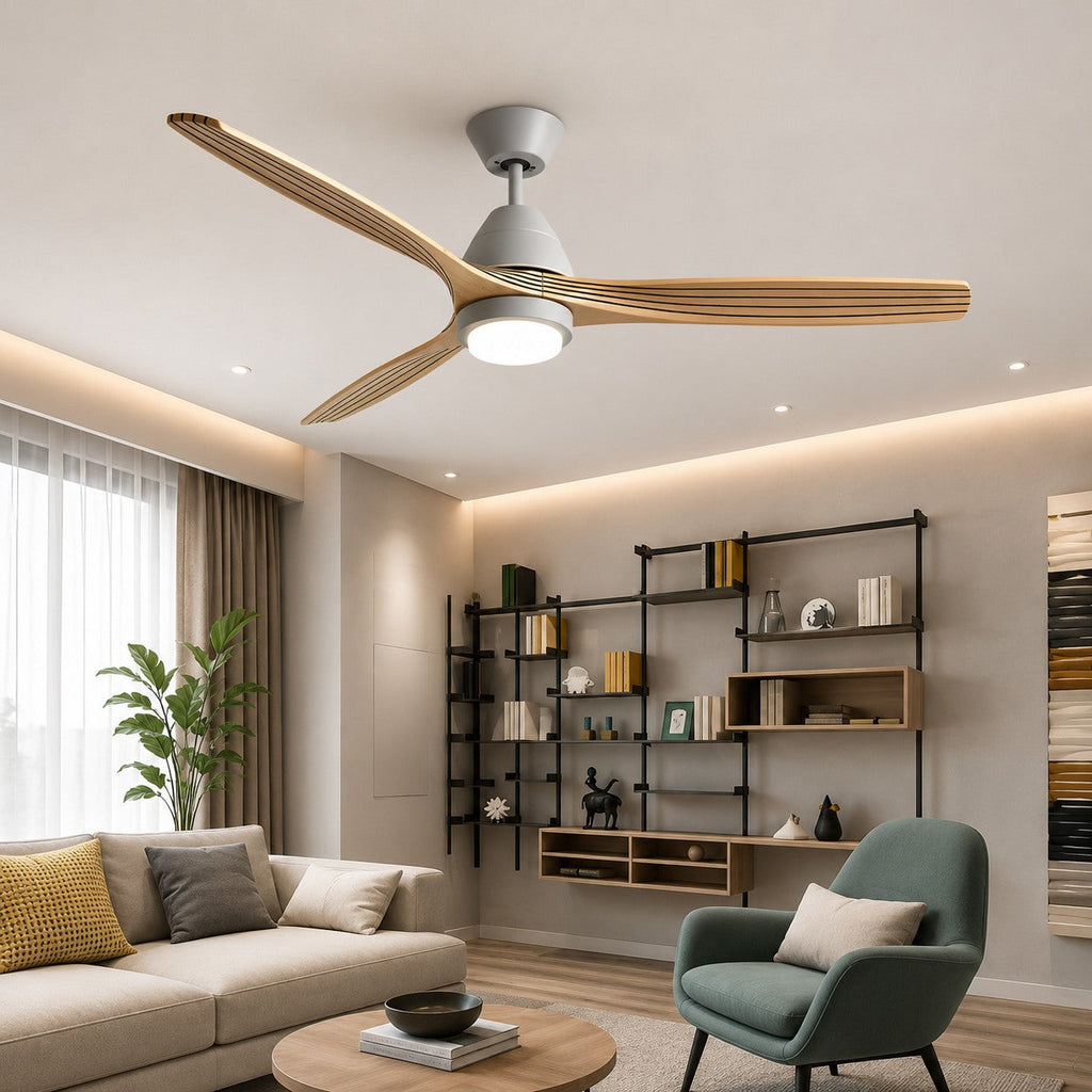 Modern Flush Mount Ceiling Fan with Lights Black Wood Blades LED Dimmable Remote Control 52 Inch | ribuella
