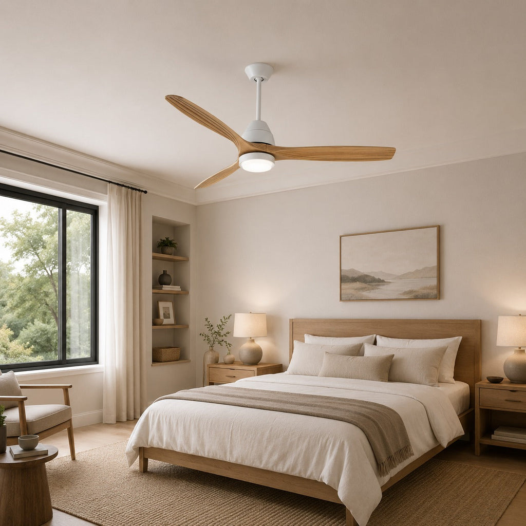 Modern Flush Mount Ceiling Fan with Lights Black Wood Blades LED Dimmable Remote Control 52 Inch | ribuella